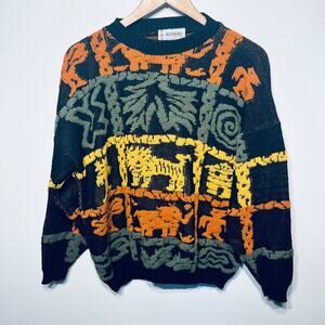 Hot Cashews VTG Sweater Acrylic Safari Animal Novelty Chunky Black Colorful M/L